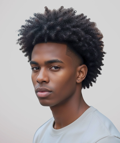 Man with coily hair styled into a low taper mullet, with volume on top and a neat taper.