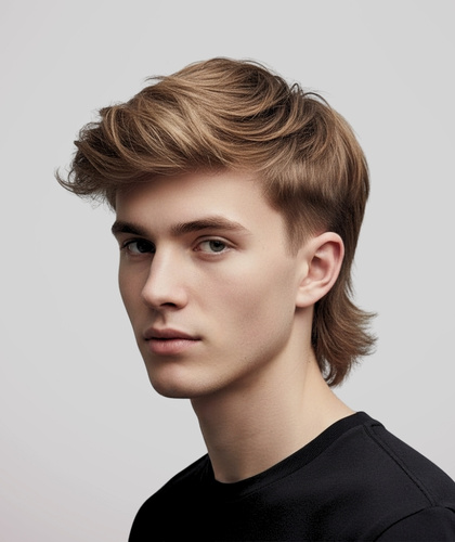 Man with fine, layered hair styled into a low taper mullet with boosted volume on top.