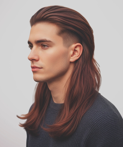 Long flowing low taper mullet with smooth layers and crisp edges around the sides.