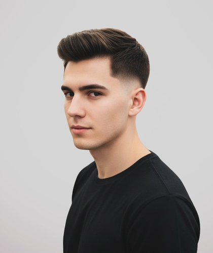 Man with a short, modern hairstyle featuring a clean low taper on the sides and a subtly longer, compact back.