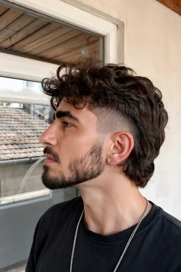 Burst fade blended through the sideburn into a full shaped beard with a curved ear fade