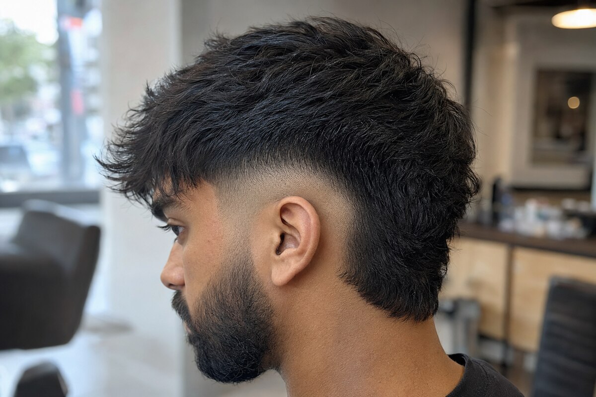 Burst fade haircut with a separated textured fringe and semicircular fade behind the ear
