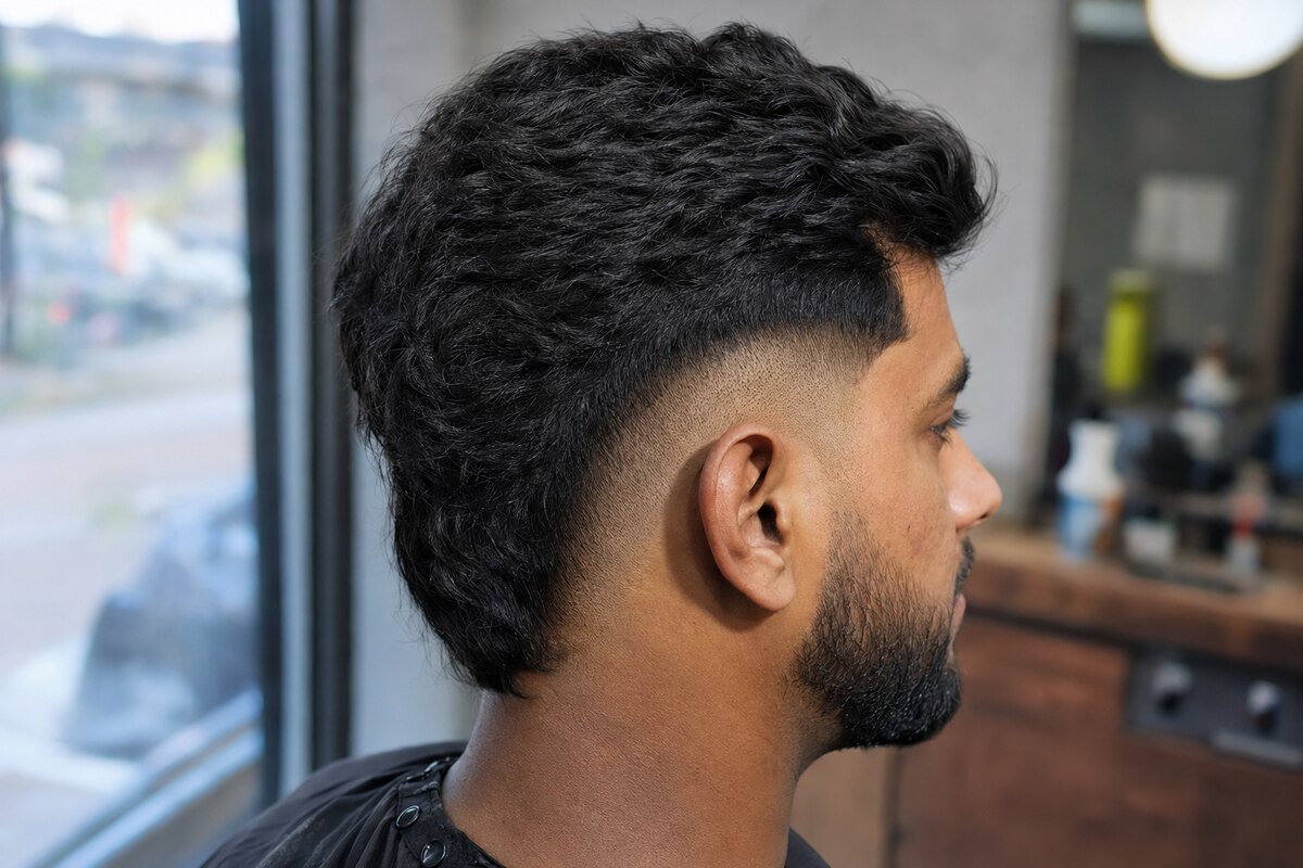 Burst skin fade blended to bare skin in a smooth semicircle around and behind the ear
