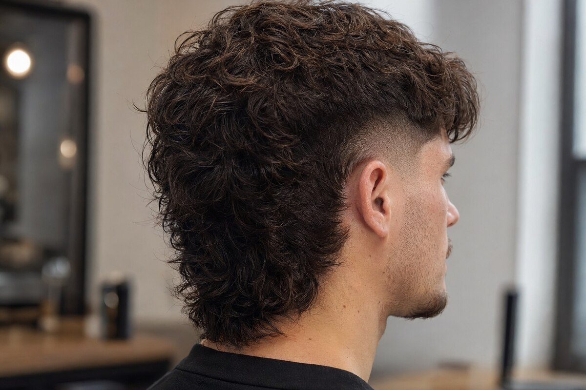 Classic burst fade mullet with longer crown and neckline hair framing a curved fade behind the ear