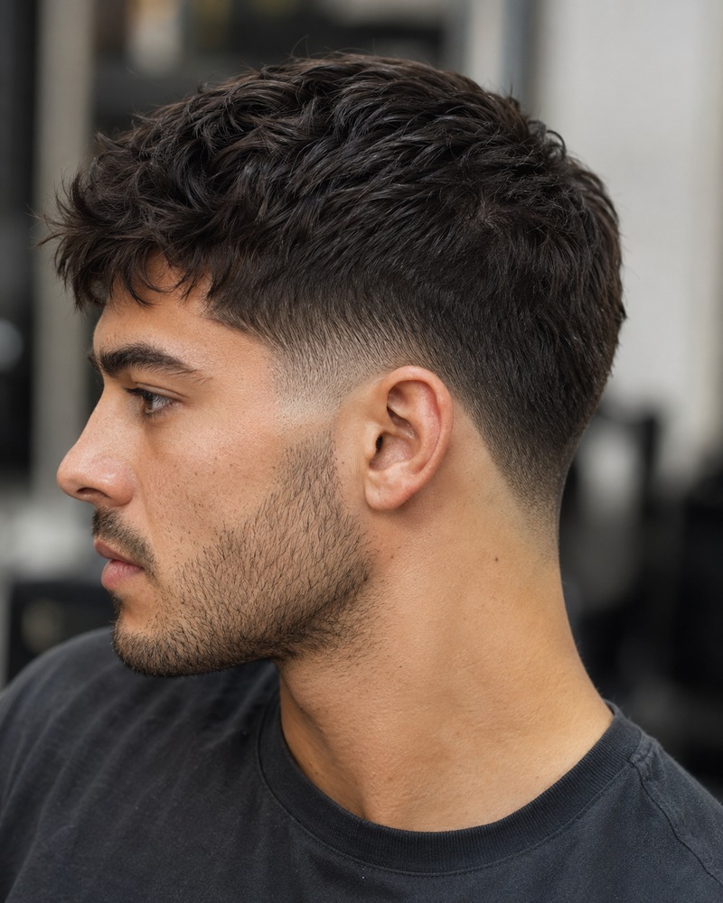 Classic drop fade haircut with a short textured top and curved blend behind the ear