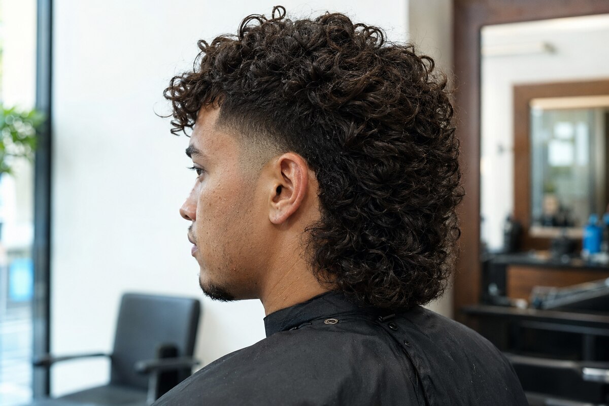 Curly burst fade mullet with natural top volume, longer back curls and a rounded ear fade
