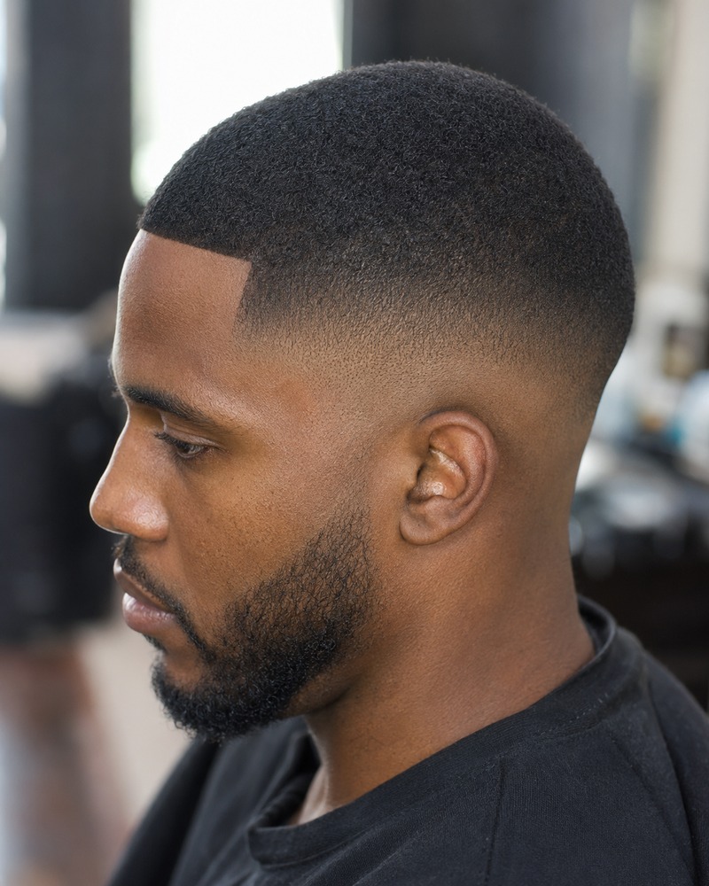 Drop fade buzz cut with an even short top and symmetrical curved gradient