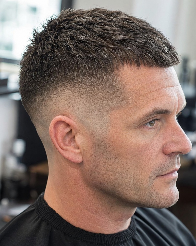 Drop fade Caesar cut with short forward-combed hair and a small fringe