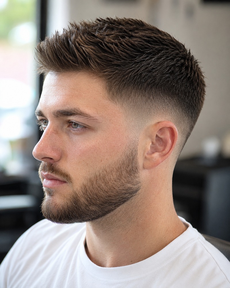 Drop fade crew cut with a slightly lifted front and neat professional blend