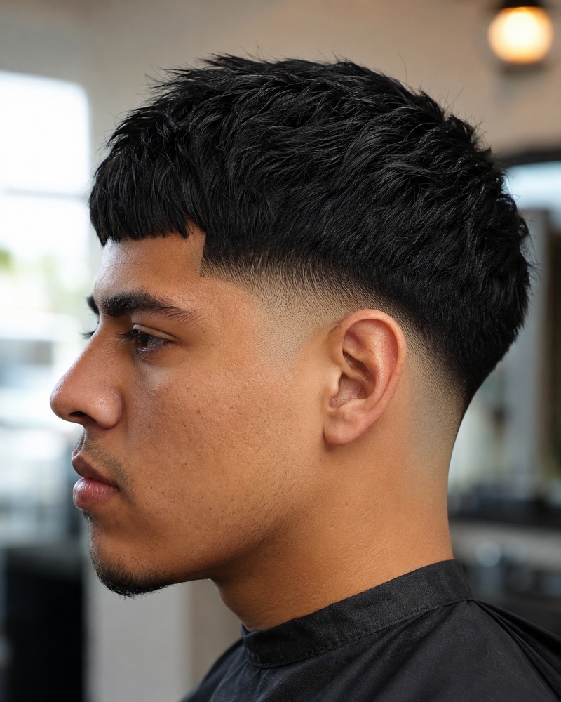 Drop fade Edgar cut with a textured blunt fringe and rounded top