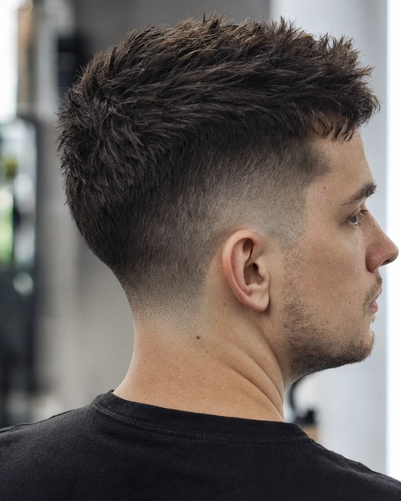 Drop fade faux hawk with wearable central height and connected sides