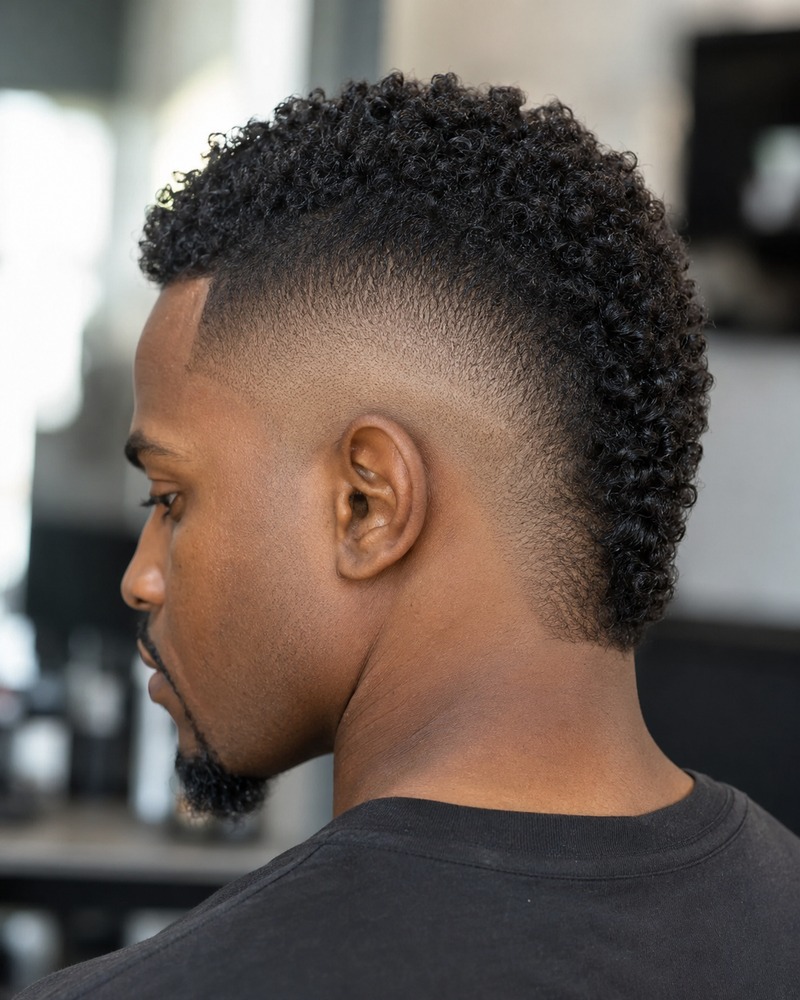 Drop fade mohawk with a textured center strip continuing toward the neckline