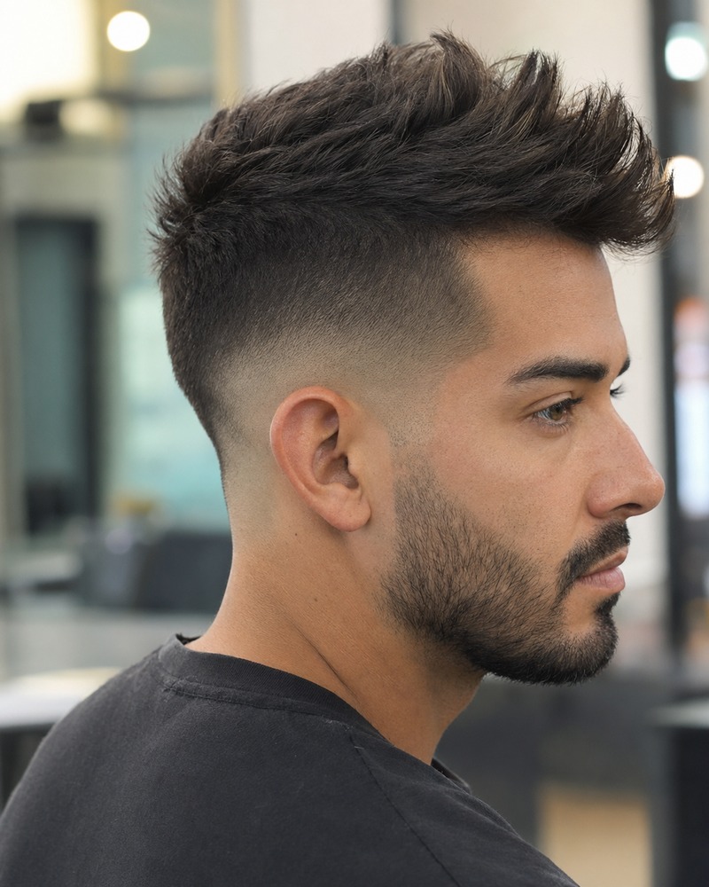 Drop fade quiff with lifted front volume and a shorter crown