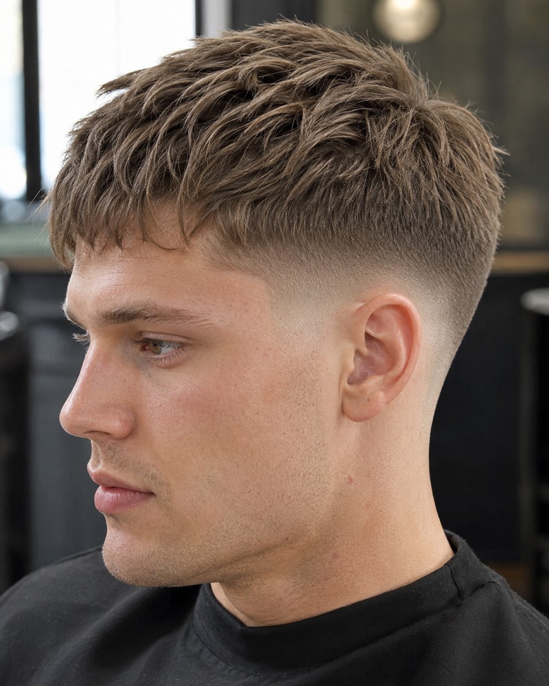 Drop fade with a choppy textured crop and separated forward-styled strands