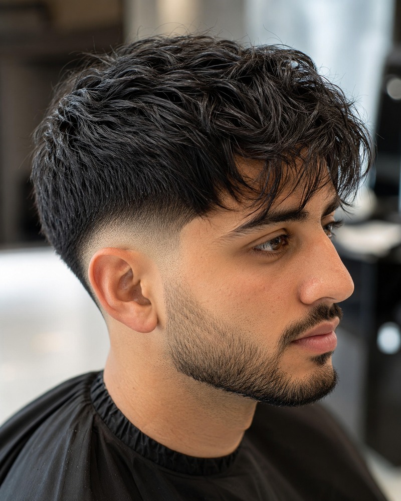 Drop fade with a longer point-cut textured fringe and clean curved sides