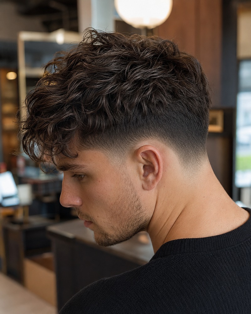 Drop fade with a thick wavy messy top and airy separated texture