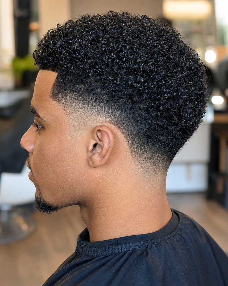 Drop fade with full defined ringlet curls and a rounded outline