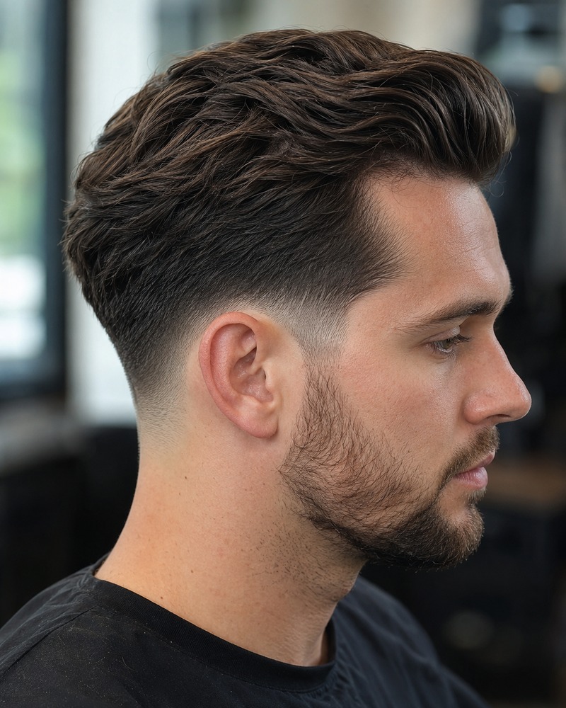 Drop taper fade around the temple, ear and neckline with a brushed-back top