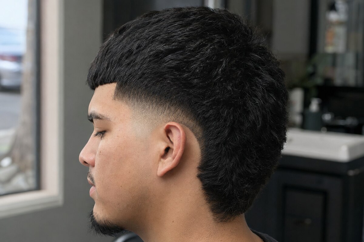 Edgar haircut with a dense blunt fringe and compact rounded burst fade
