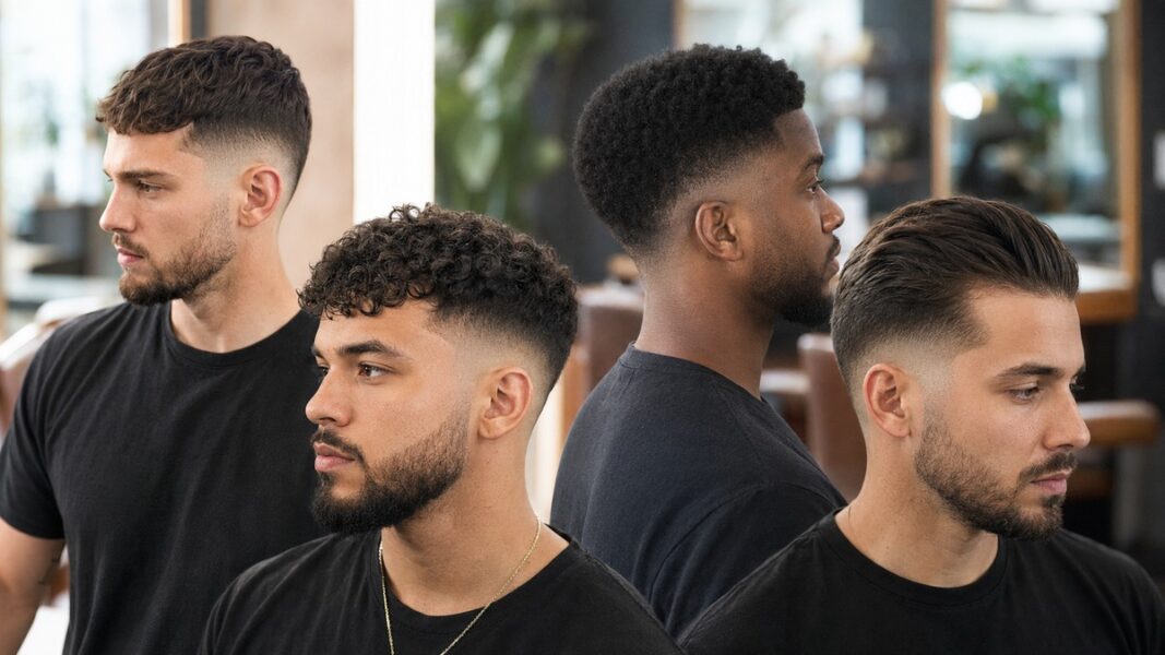 Four men wearing modern drop fade haircuts with textured, curly and Afro tops
