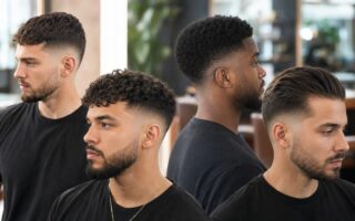 Four men wearing modern drop fade haircuts with textured, curly and Afro tops