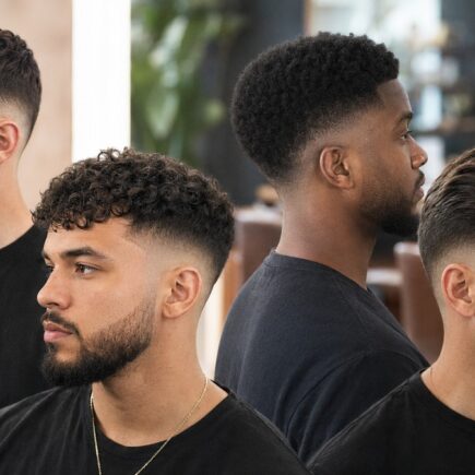Four men wearing modern drop fade haircuts with textured, curly and Afro tops