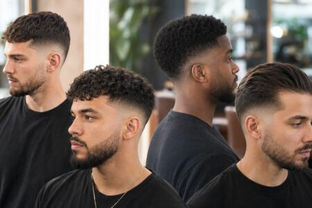 Four men wearing modern drop fade haircuts with textured, curly and Afro tops