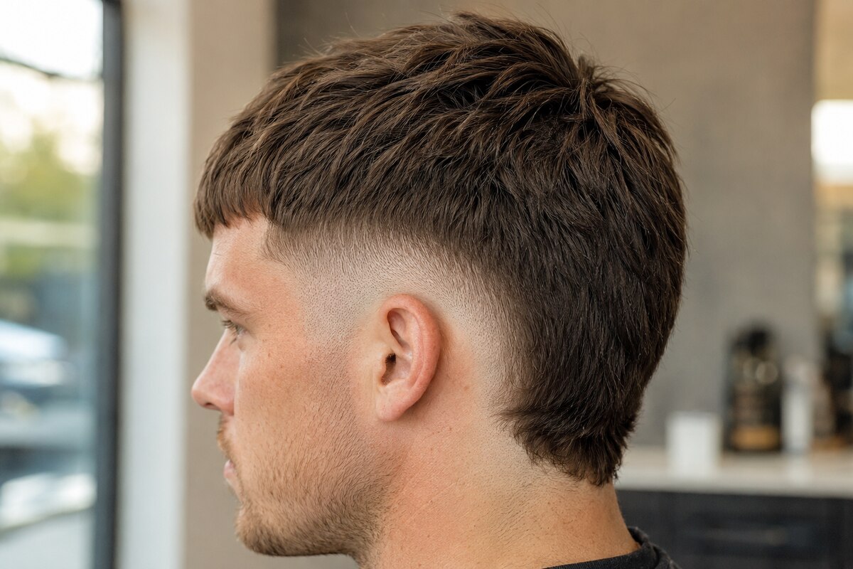 French crop with a broken fringe and compact burst fade curving behind the ear