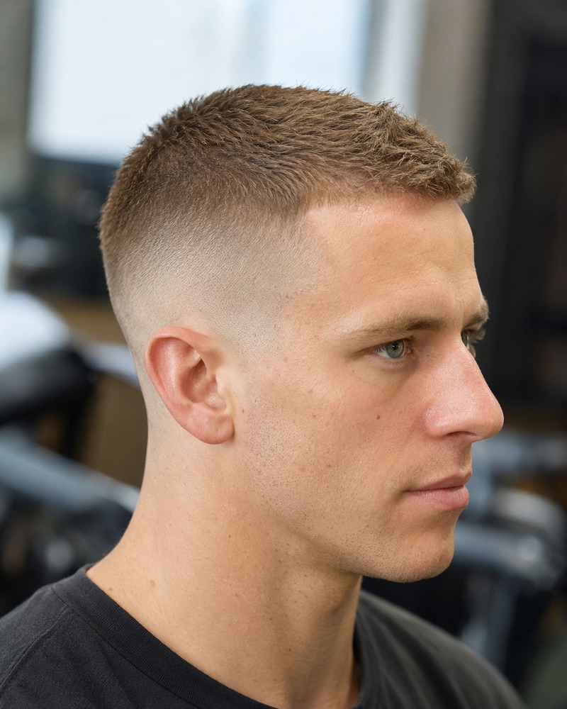 High-and-tight drop fade with close sides and a narrow short top