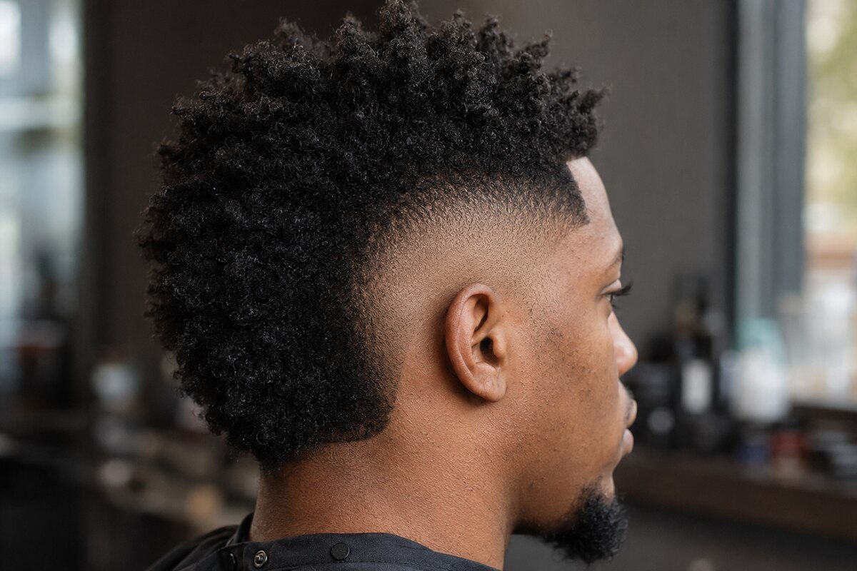 High burst fade haircut rising toward the temple and curving completely behind the ear