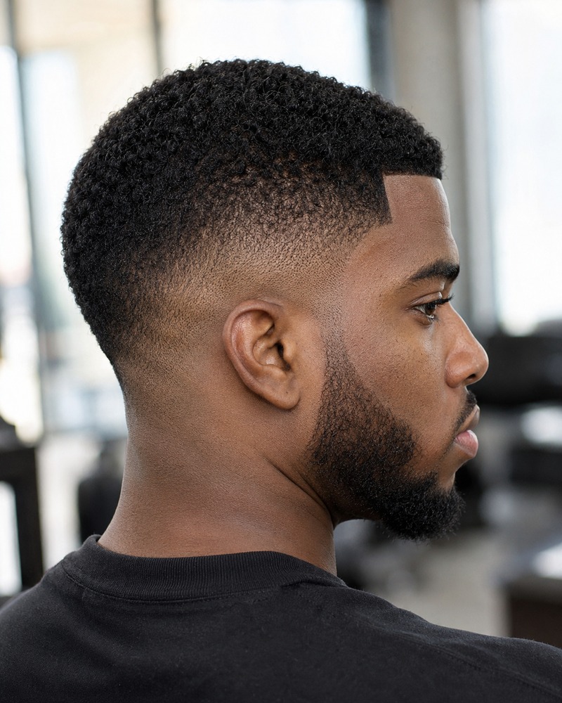 High drop fade haircut with strong contrast and a short structured top