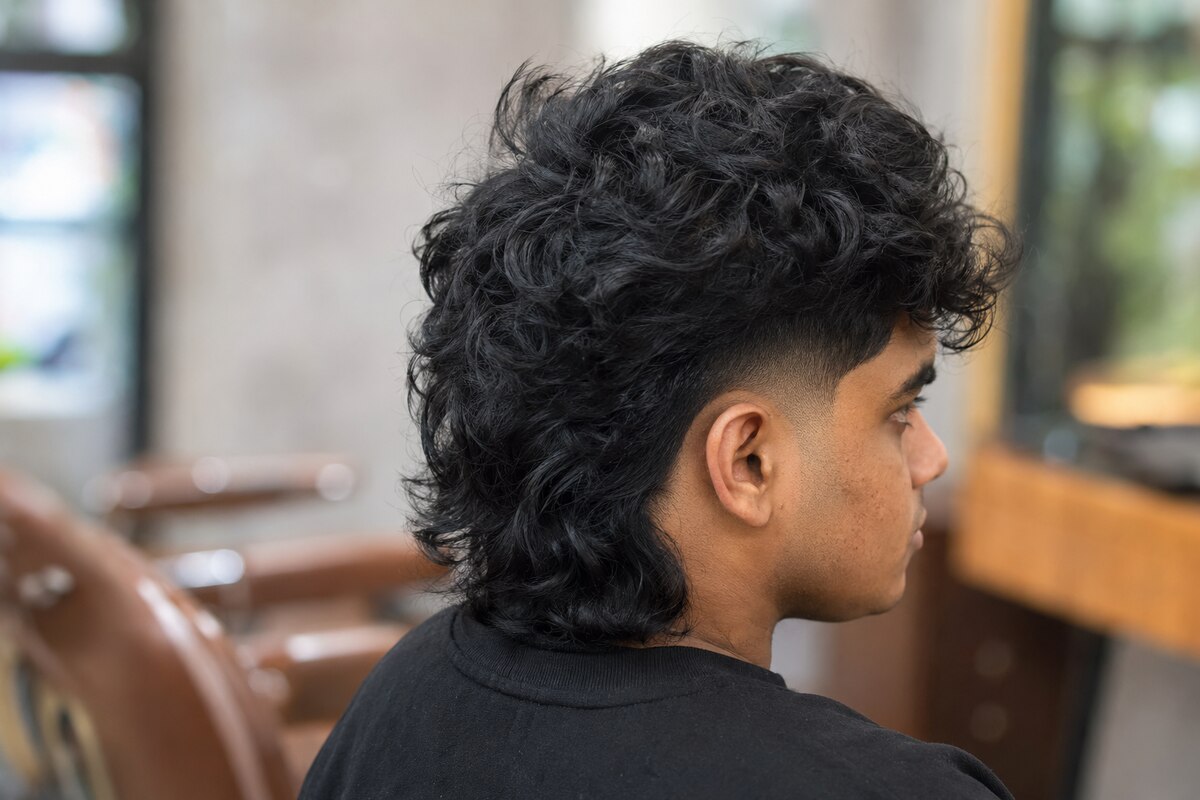 Long layered burst fade mullet with a bold curved fade behind the ear