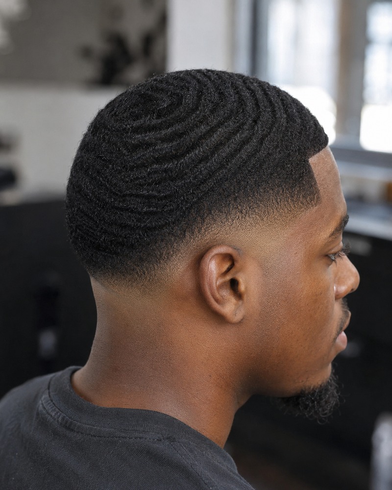 Low drop fade framing a complete 360-wave pattern across the crown