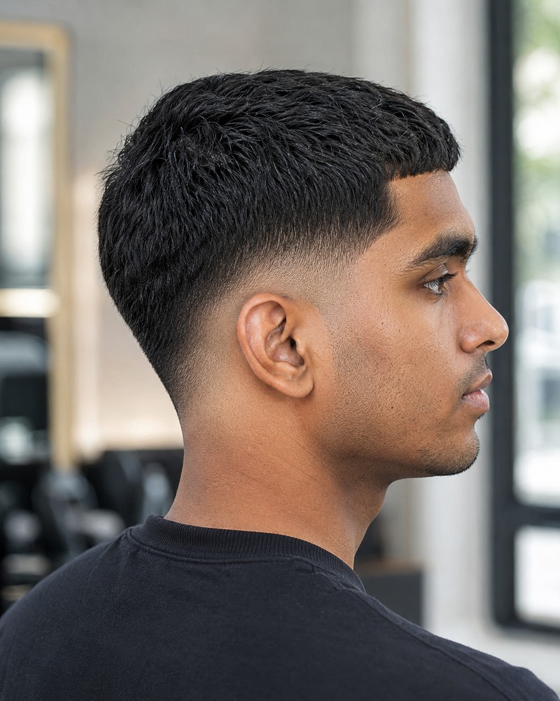 Low drop fade haircut with a dark weight line and subtle curved blend