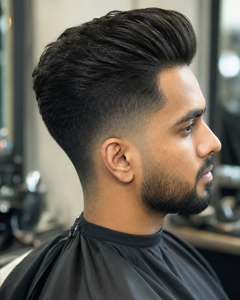 Low drop fade pompadour with substantial swept-back volume