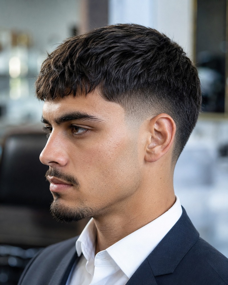 Low drop fade with a compact French crop and lightly broken fringe