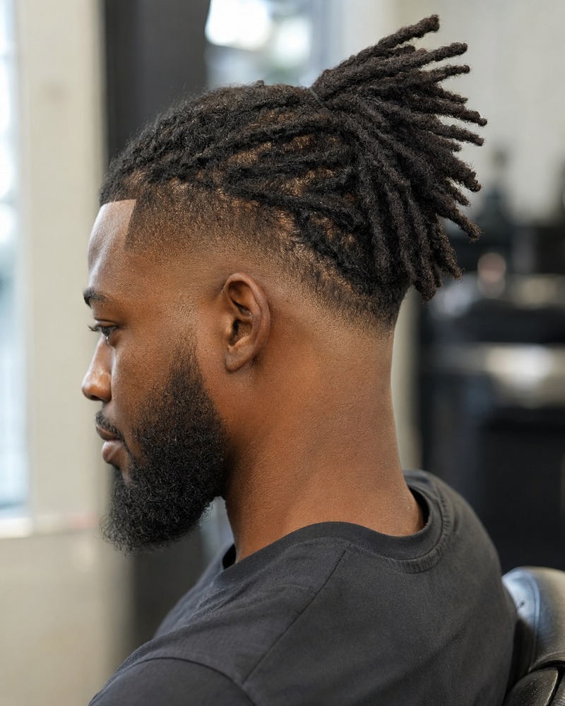 Low drop fade with medium dreadlocks tied back while preserving perimeter density