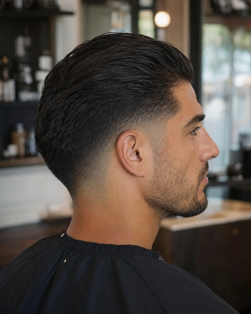 Low drop fade with medium-length hair swept smoothly back