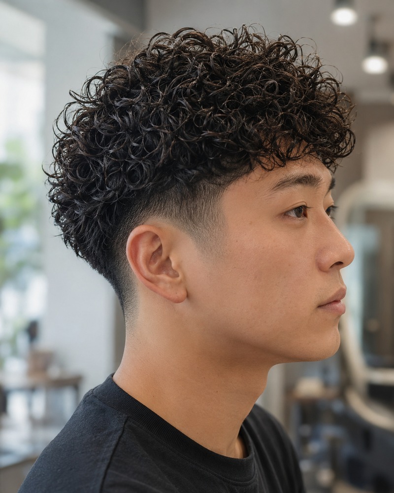 Low drop fade with springy permed curls through the top and fringe