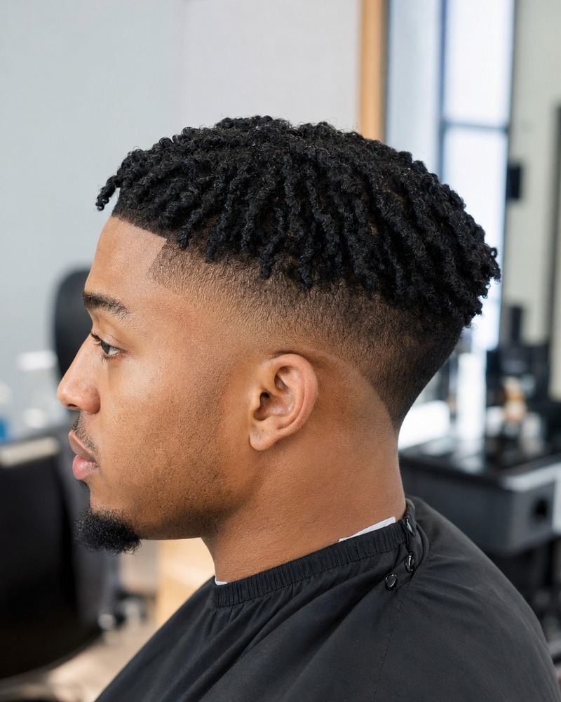 Low drop taper fade with neat short two-strand twists