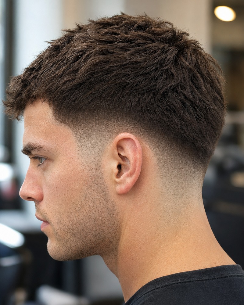 Mid drop fade haircut with a textured crop and smooth temple-level gradient