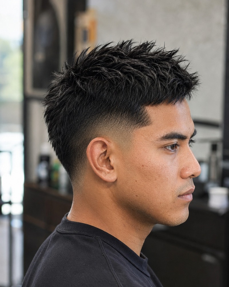 Mid drop fade with modern irregular short spikes and a matte finish