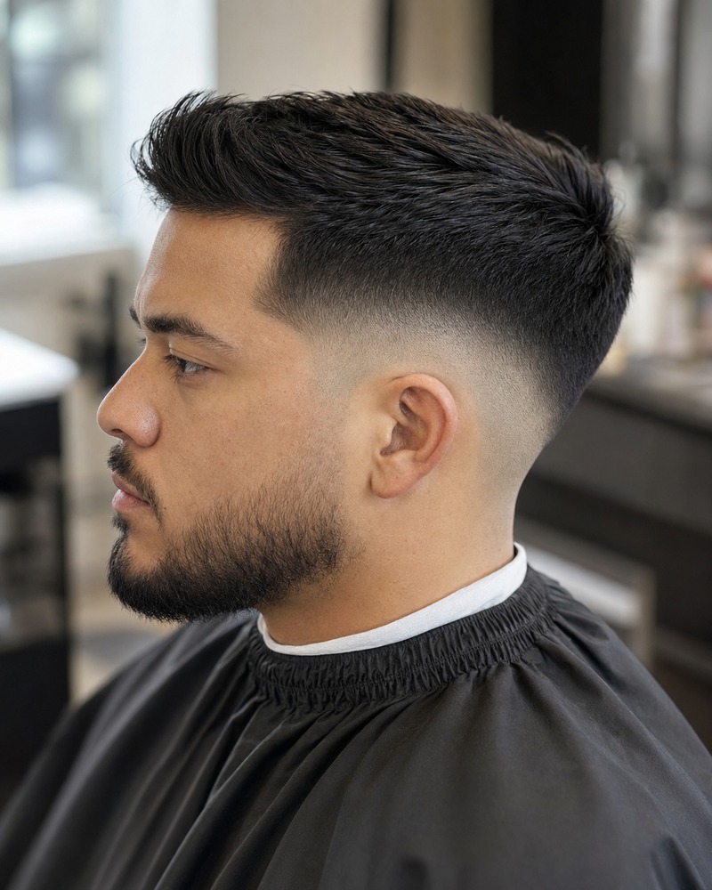 Modern drop fade comb over with textured diagonal volume