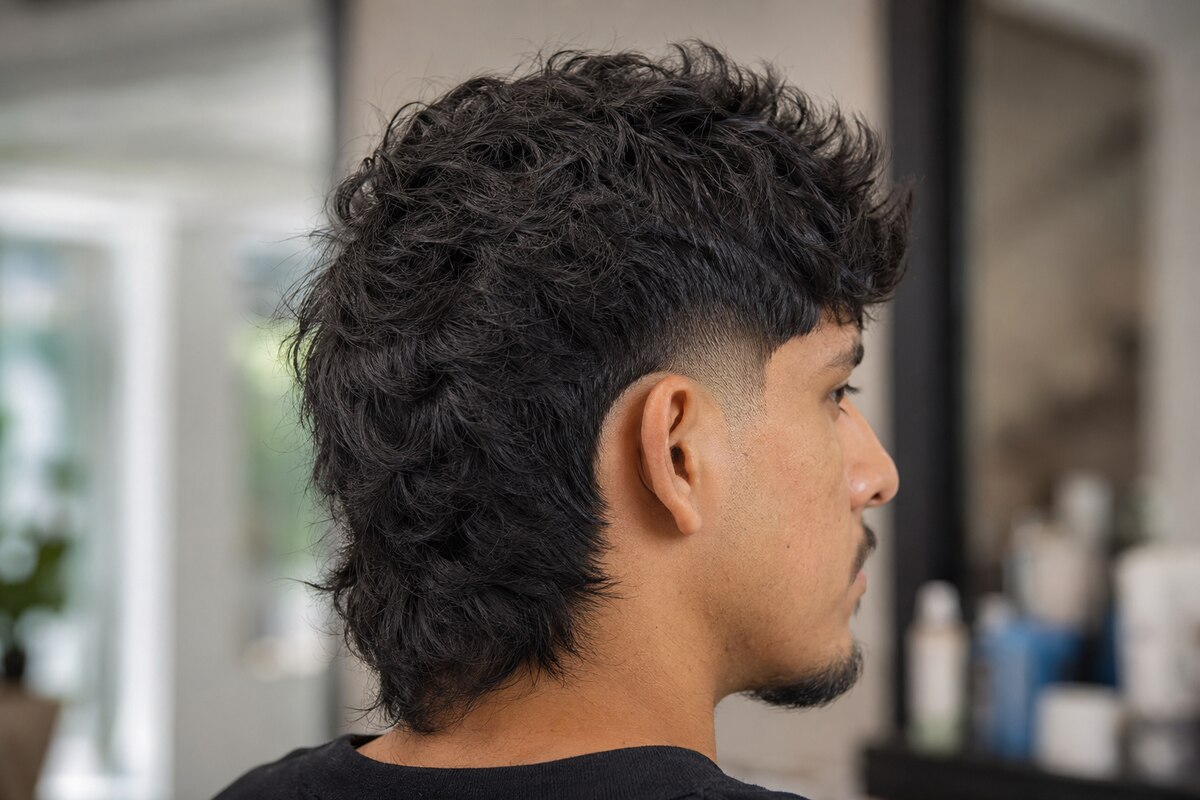 Modern textured mullet with choppy layers and a mid burst fade rounding behind the ear