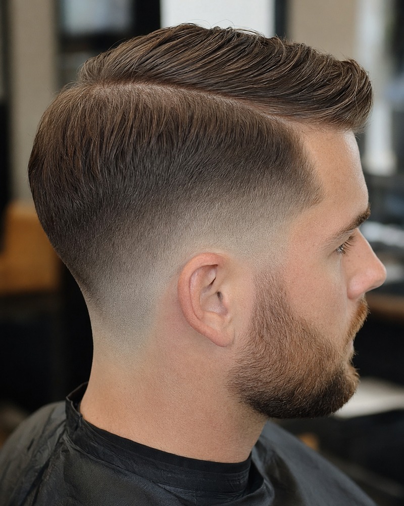 Polished drop fade side part with a controlled medium-short top