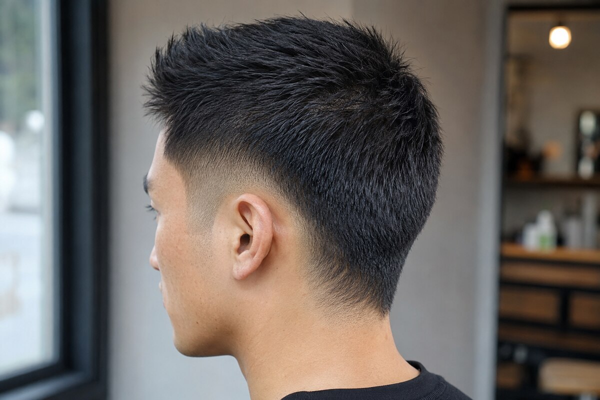 Professional crew cut with a low burst taper forming a soft arc behind the ear