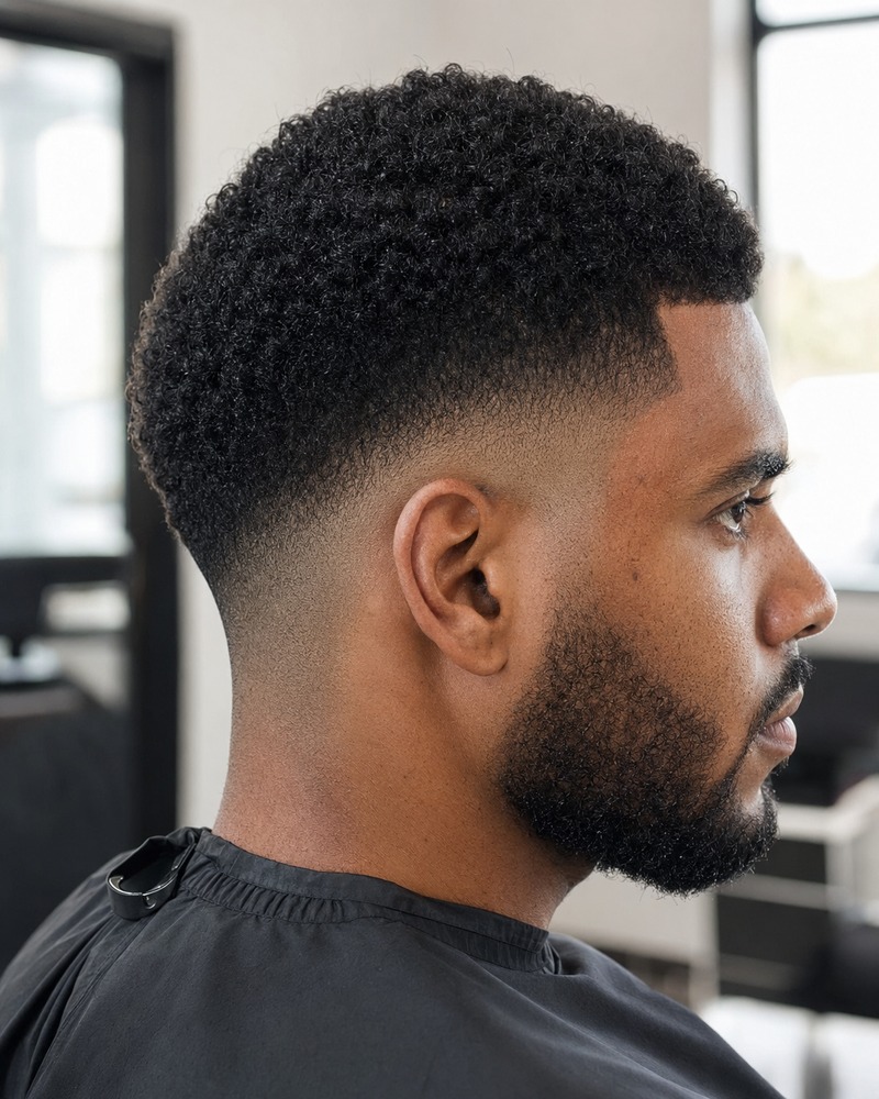 Shadow drop fade retaining visible stubble beneath a short coily top