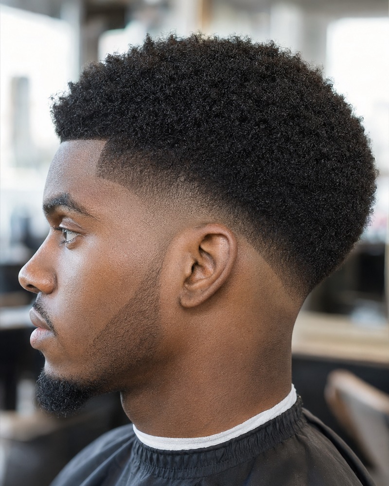 Shadow drop fade with a compact rounded Afro and dense coily texture