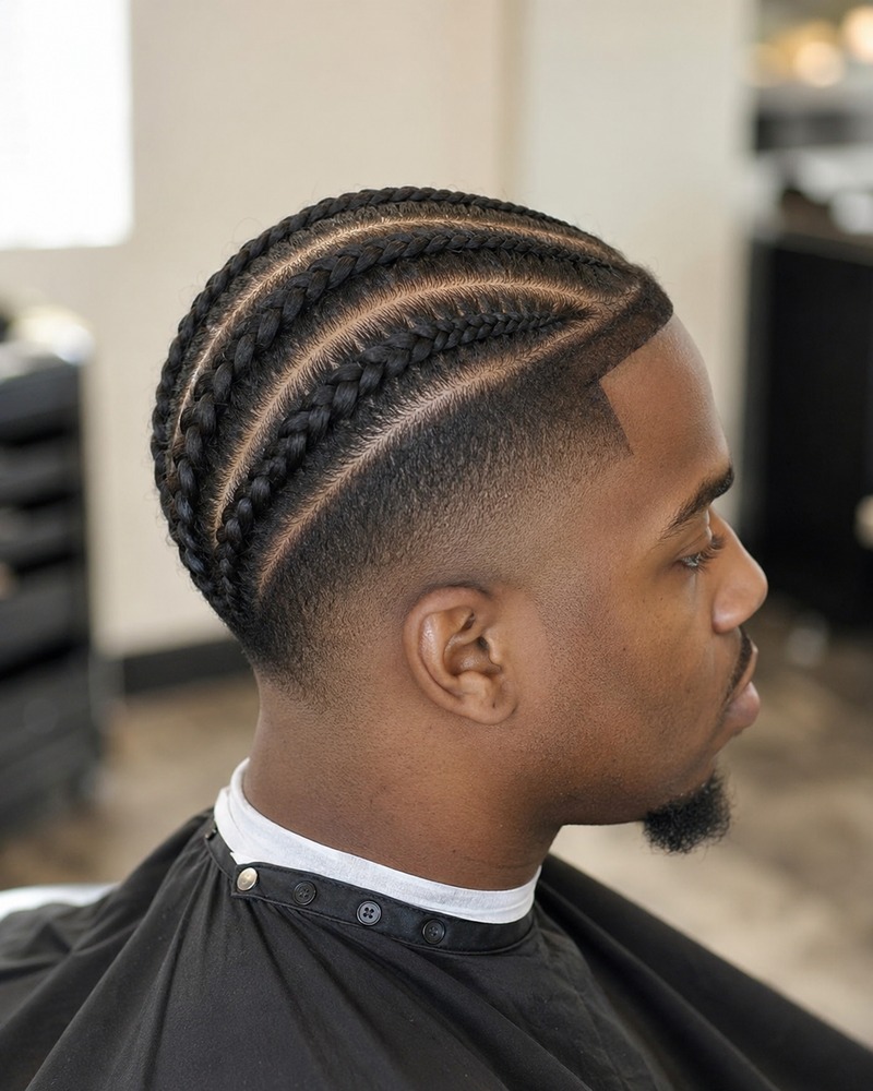 Shadow drop fade with detailed cornrows and a clean curve around the ear