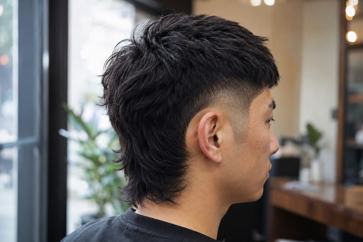 Short burst fade mullet with a compact back and semicircular fade around the ear